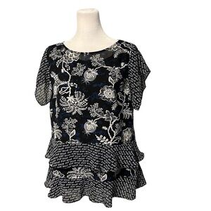 Cabi Black Floral Hybrid Blouse #5355 Size Small